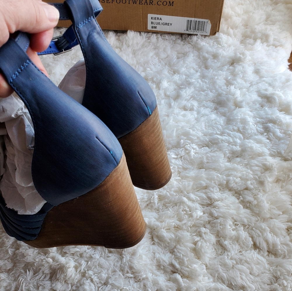Anthropologie Navy Blue Strappy Leather Wedge Sandals - Picture 7 of 9